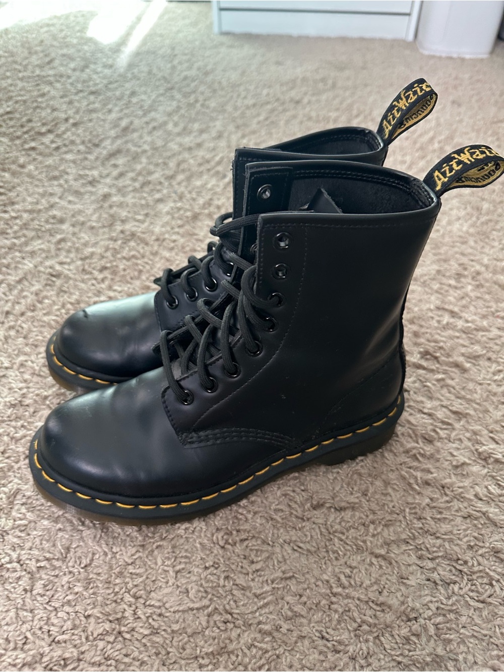 Dr. Martens Classic Black Leather Lace-Up Boots with Yellow Stitching
